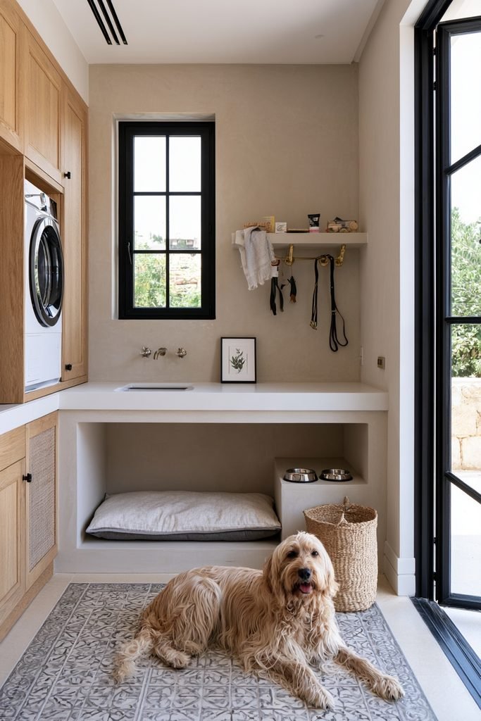 Built-in pet nook with dog bed and feeding station beneath a countertop in a utility room