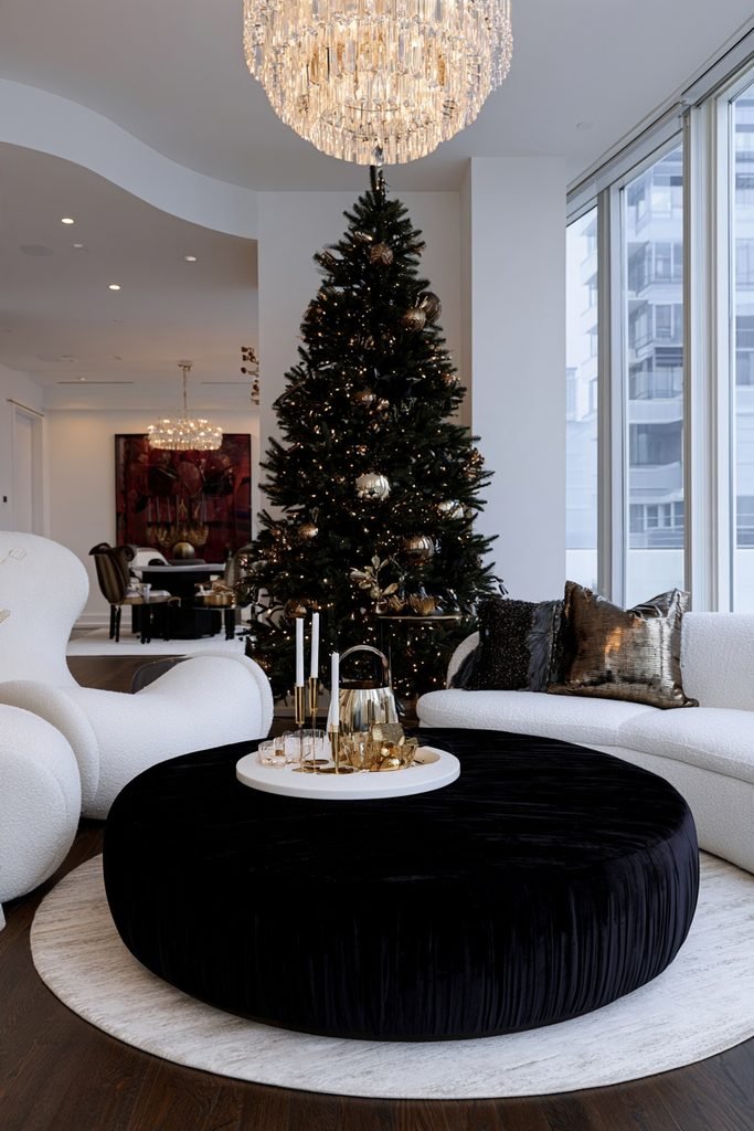 Elegant New Year's Eve living room decorated with gold, black, and white metallic accents