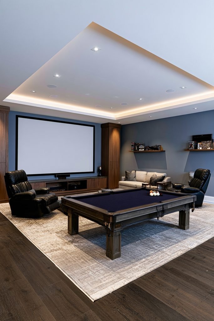 Compact basement game room with a retractable projector screen, contemporary gaming seating, foosball table, dartboard, acoustic panels, and LED lighting.