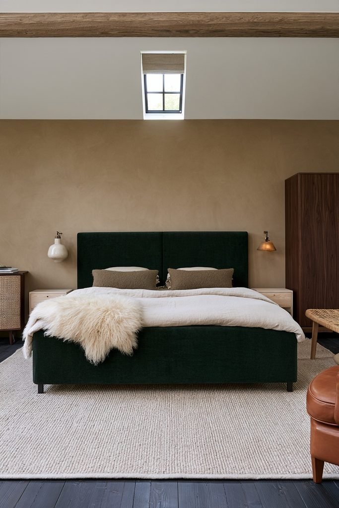 Scandinavian bedroom with sheepskin rug, low oak bed, muted blue walls, and natural wood flooring
