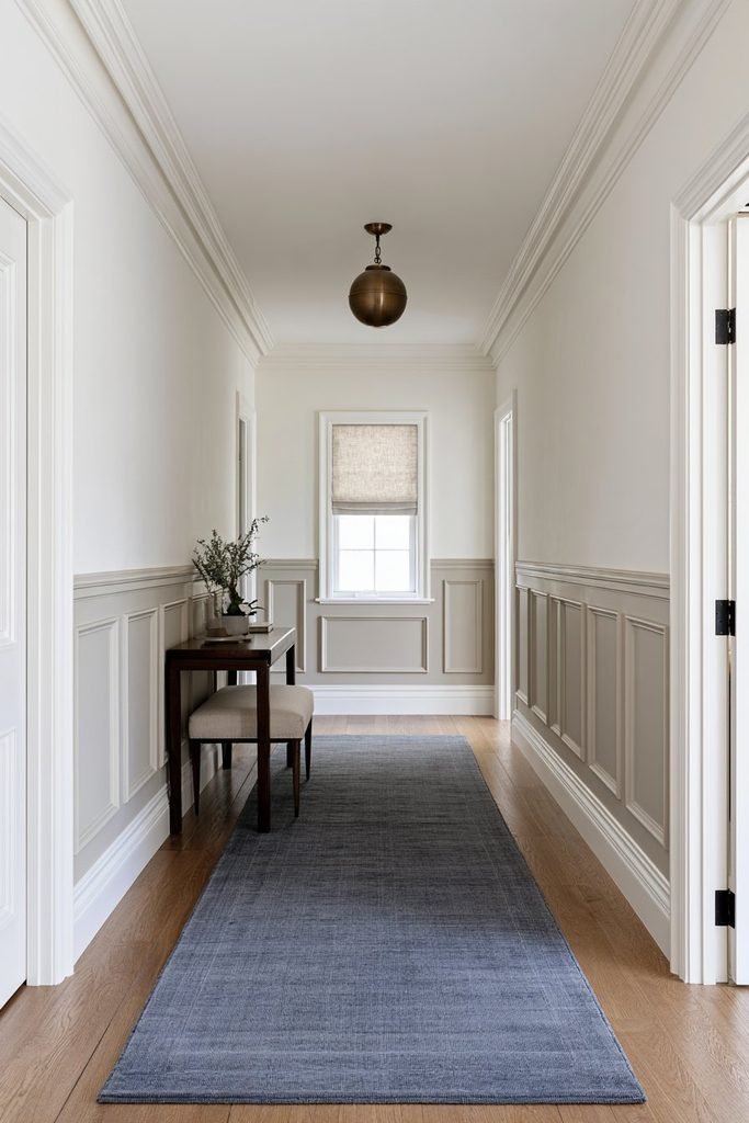 Soft greige picture frame wainscoting in a traditional hallway with classic trim and warm natural flooring