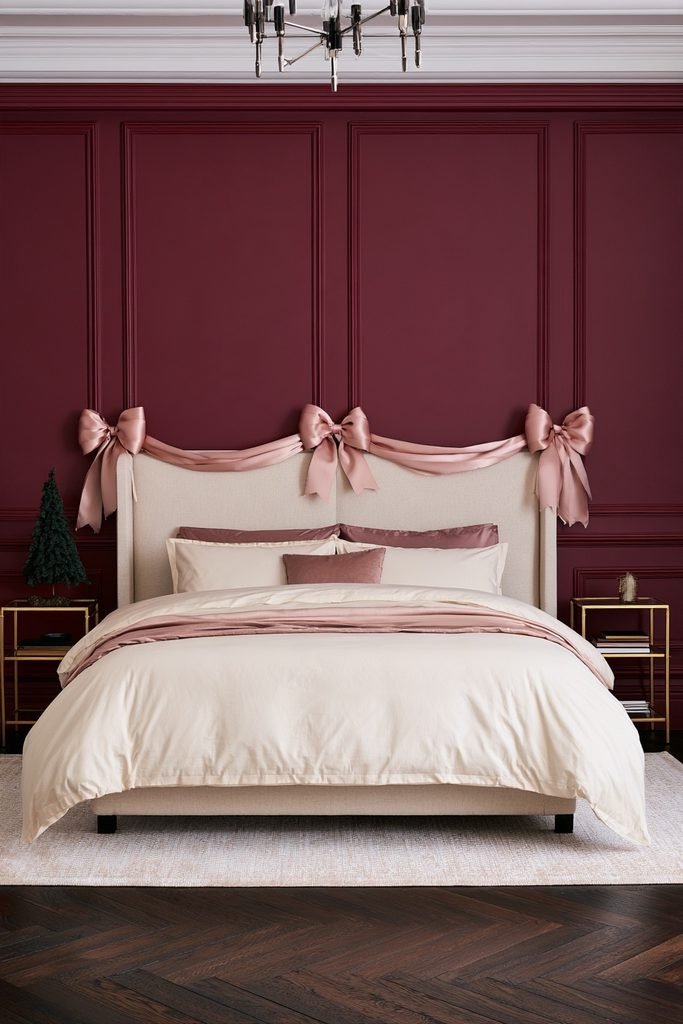 Oversized pink Christmas bows decorating a bedroom headboard for a whimsical holiday look