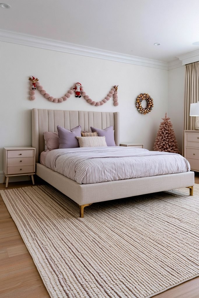 Pink reindeer and pom-pom Christmas garland displayed above a cozy bedroom bed