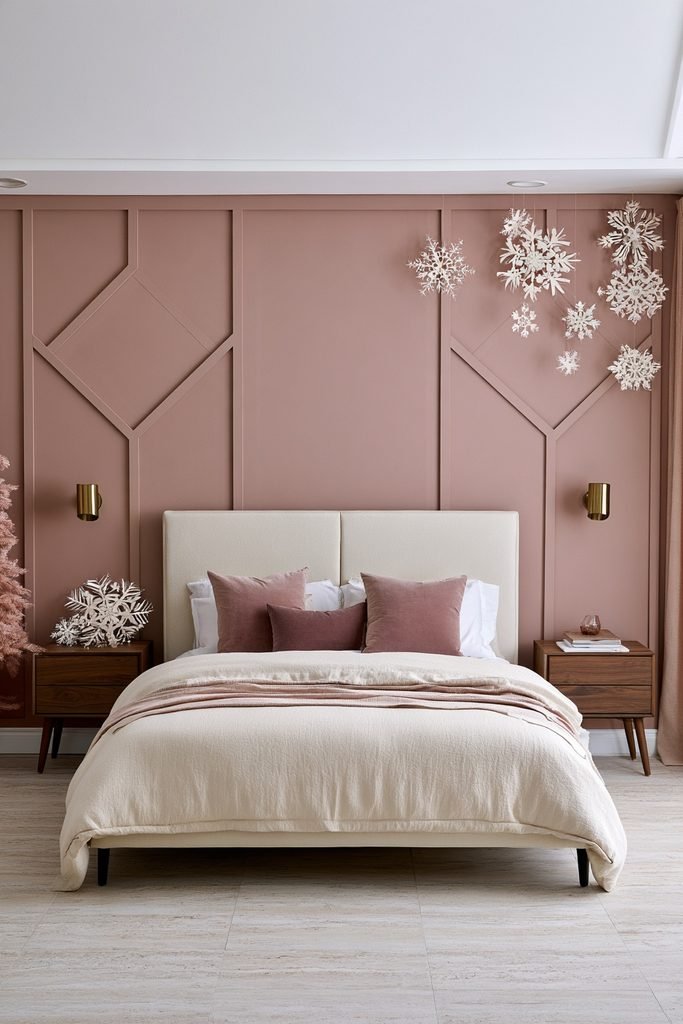 White and pale pink snowflake Christmas decorations displayed around a festive bedroom