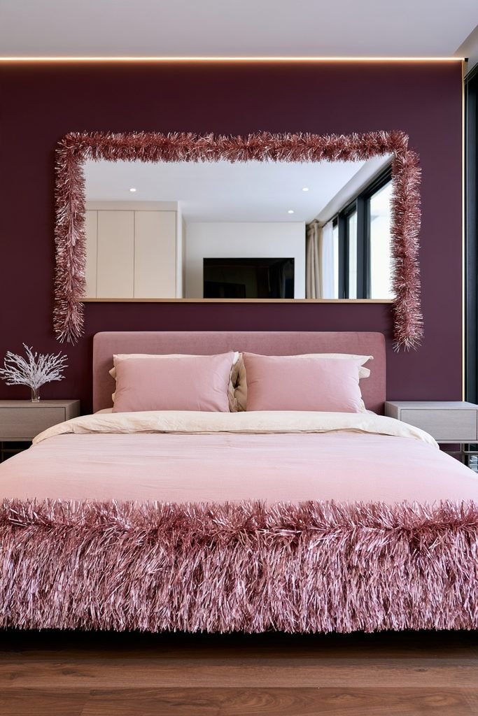 Pink tinsel Christmas garland decorating a bedroom mirror with festive holiday accents