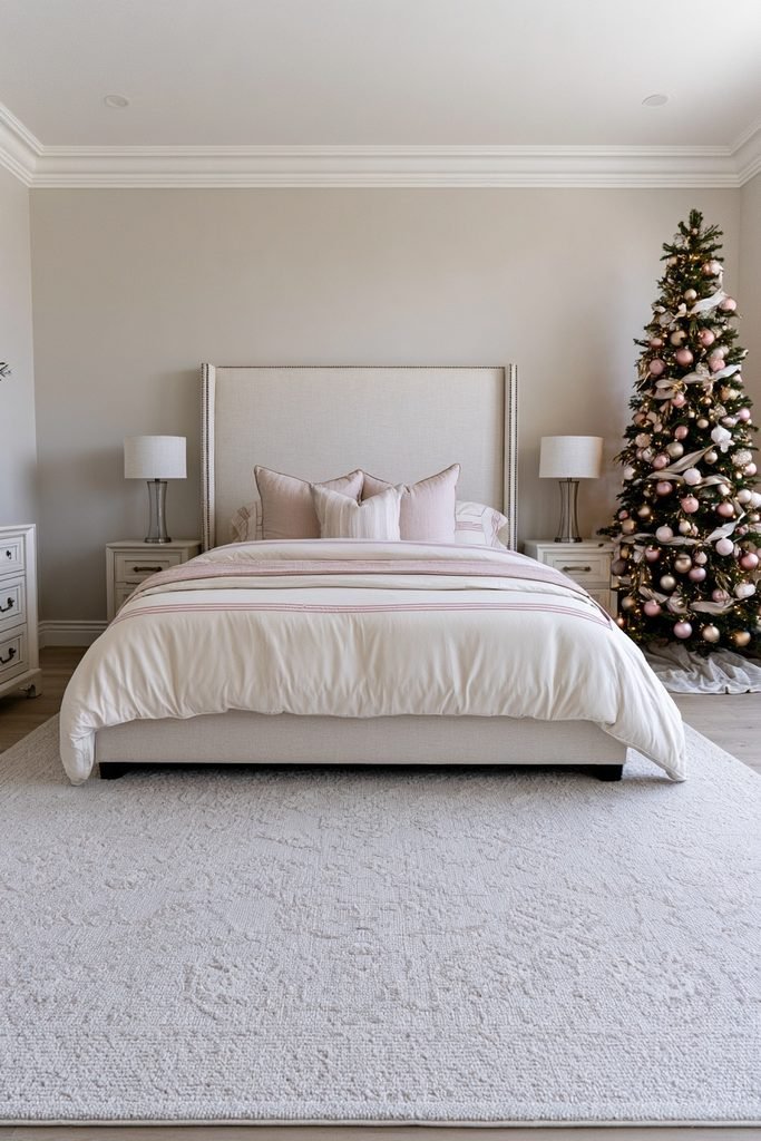 Pink and gold Christmas ornaments decorating a stylish bedroom for the holiday season