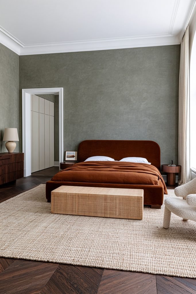 Scandinavian bedroom with woven storage bench at the foot of the bed, blue-gray walls, oak furniture, and linen bedding