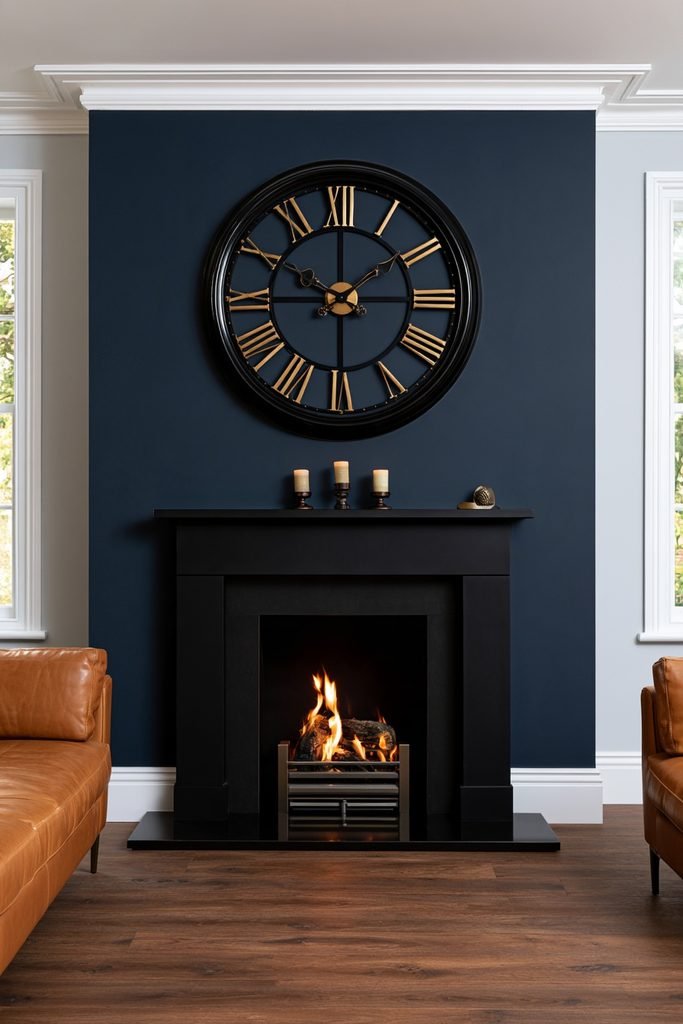 Elegant New Year's Eve living room with a large statement wall clock above a fireplace mantel