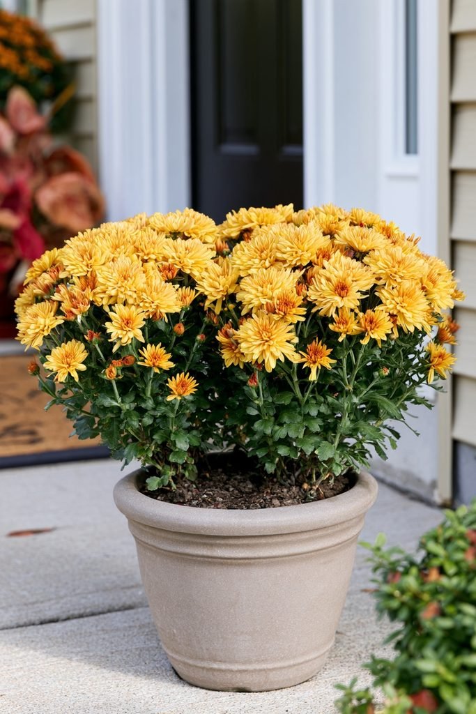 Two small colorful mums planted together in a budget-friendly fall porch planter