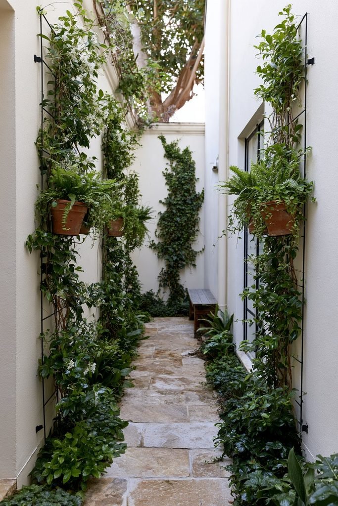 Vertical garden ideas for a modern house courtyard with climbing plants and wall planters