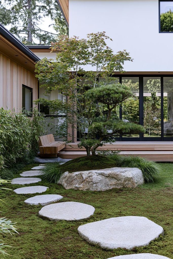 Modern Japanese house courtyard with a small specimen tree, stone paving, and minimalist planting