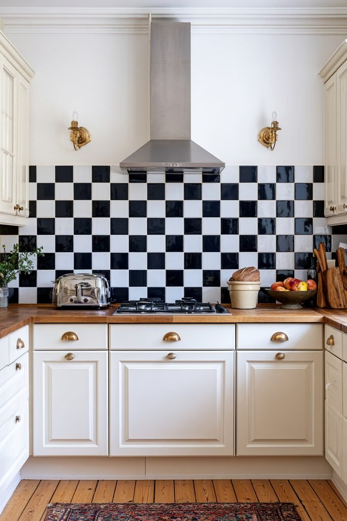 Modern farmhouse kitchen featuring a bold black and white checkerboard tile backsplash with warm wood accents.