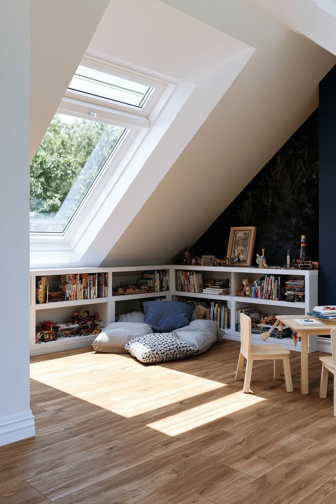 Compact loft playroom with sloping roof, low toy storage, reading nook, rooflight, and children's play area