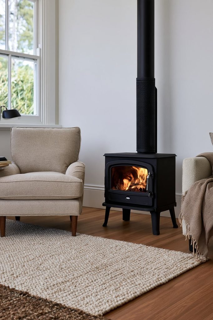 Coastal living room with a cream log burner and nearby linen reading chair, pale blue sofa, oak side table, woven basket, and soft natural decor.
