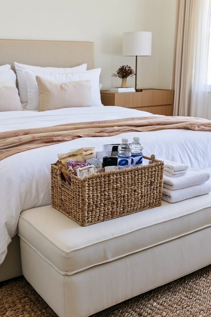 Thanksgiving guest welcome basket filled with snacks, water, a phone charger, and essentials on a bedroom bench.