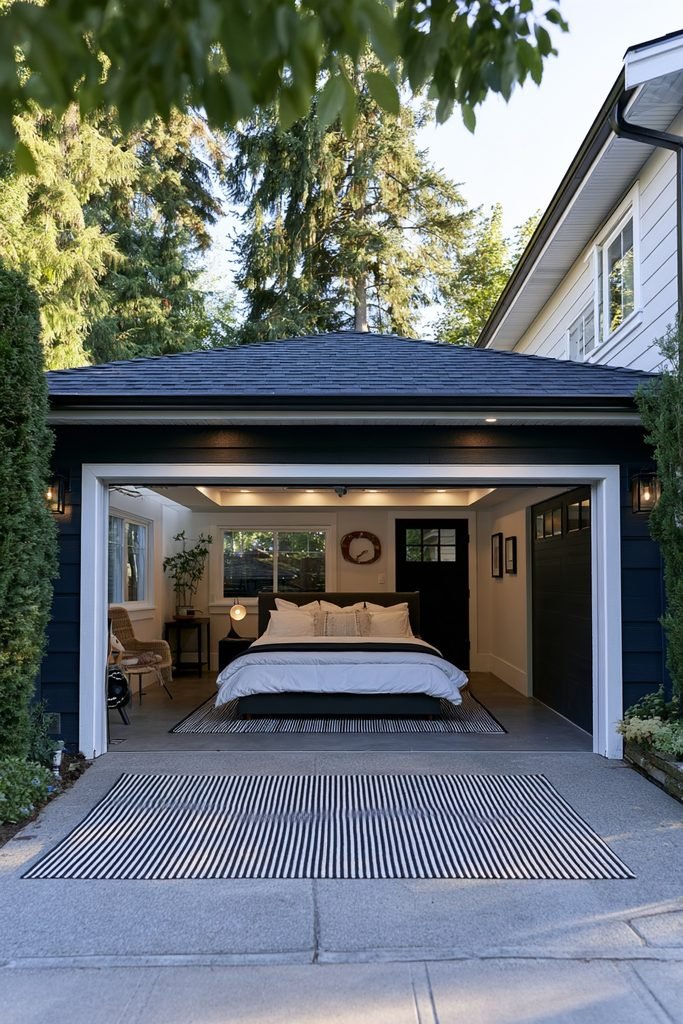 Garage conversion primary suite with a full-size bed, dressing area, ensuite bathroom, reading corner, and recessed lighting.