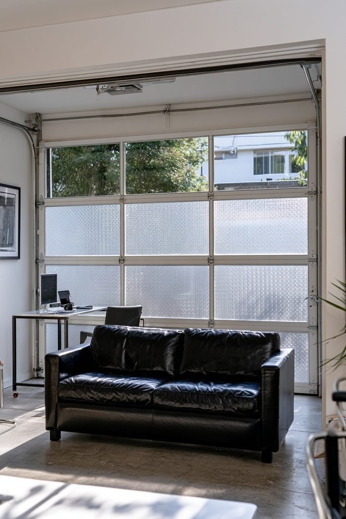 Garage conversion featuring frosted privacy film on the lower two-thirds of glass panels while the upper section remains clear.