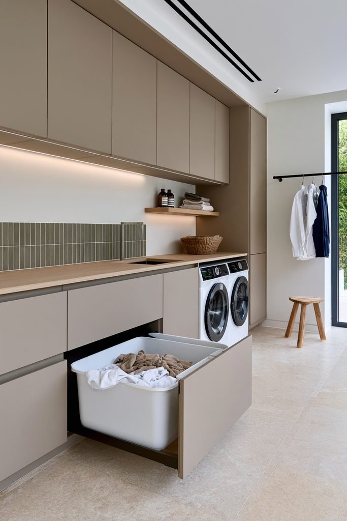 Integrated pull-out laundry hampers beneath a countertop in a modern utility room