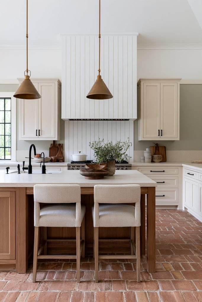 White vertical shiplap framing a kitchen range hood from countertop to ceiling above cream shaker cabinets and a walnut island.
