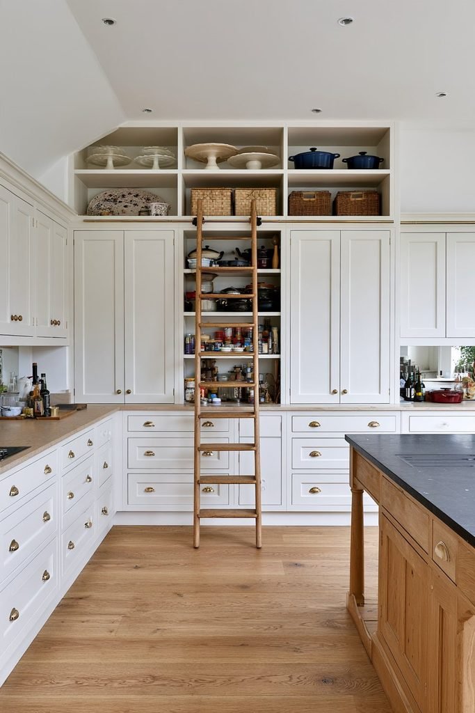 Tall larder cupboard with rolling ladder, multiple storage shelves, kitchen containers, baskets, and organized pantry goods