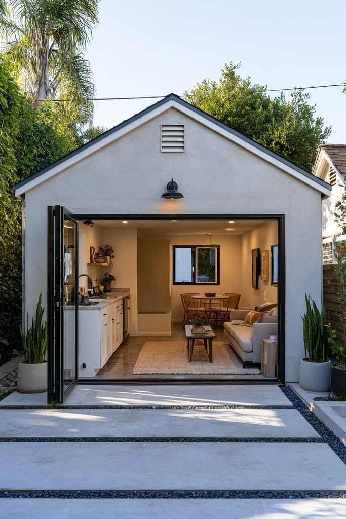 Detached garage converted into a rental-ready ADU with a private entrance, compact kitchenette, bathroom, and living area.