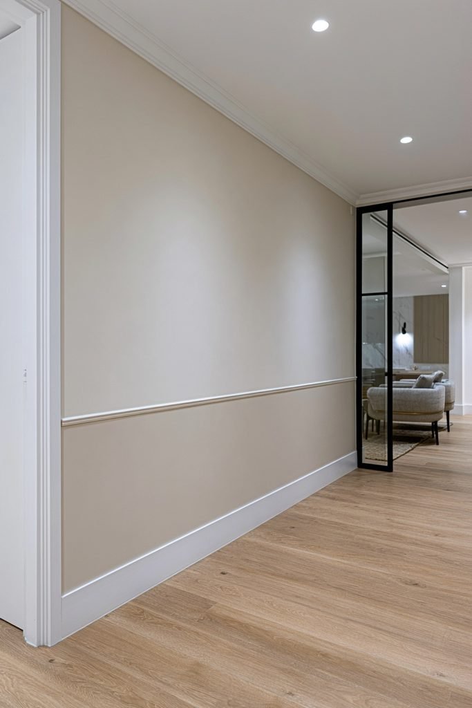 Renter-friendly peel-and-stick dado rail used to create decorative wall detailing