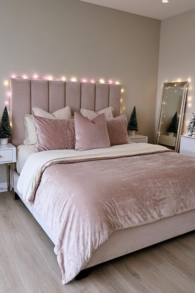 Renter-friendly pink Christmas lights decorating a bedroom with removable holiday accents