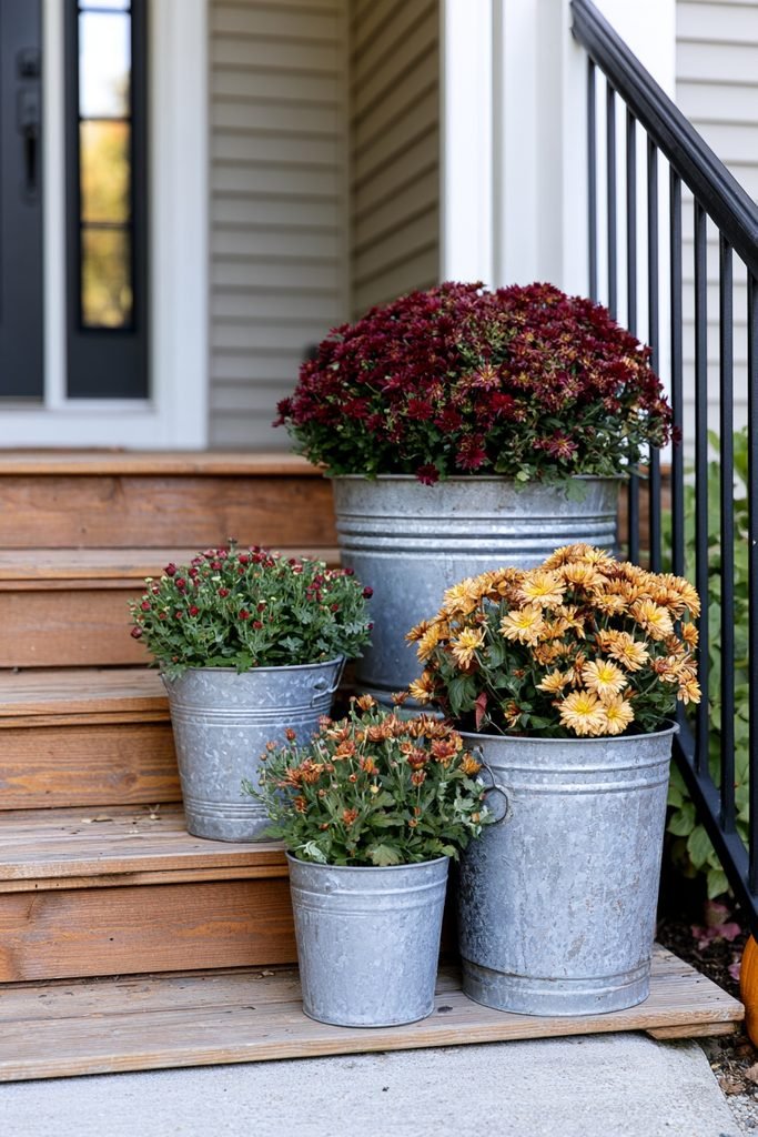 Galvanized buckets filled with fall mums and pumpkins on a rustic farmhouse porch