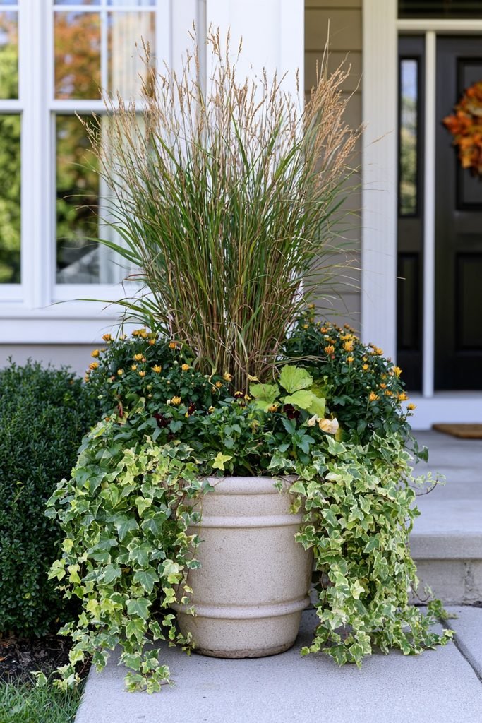 Reused summer ivy and ornamental grass refreshed with mums and pansies for fall