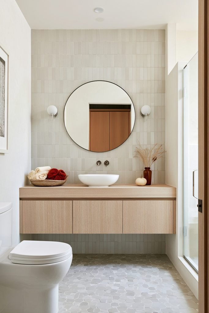Small bathroom with a woven basket filled with rolled rust and cream guest towels