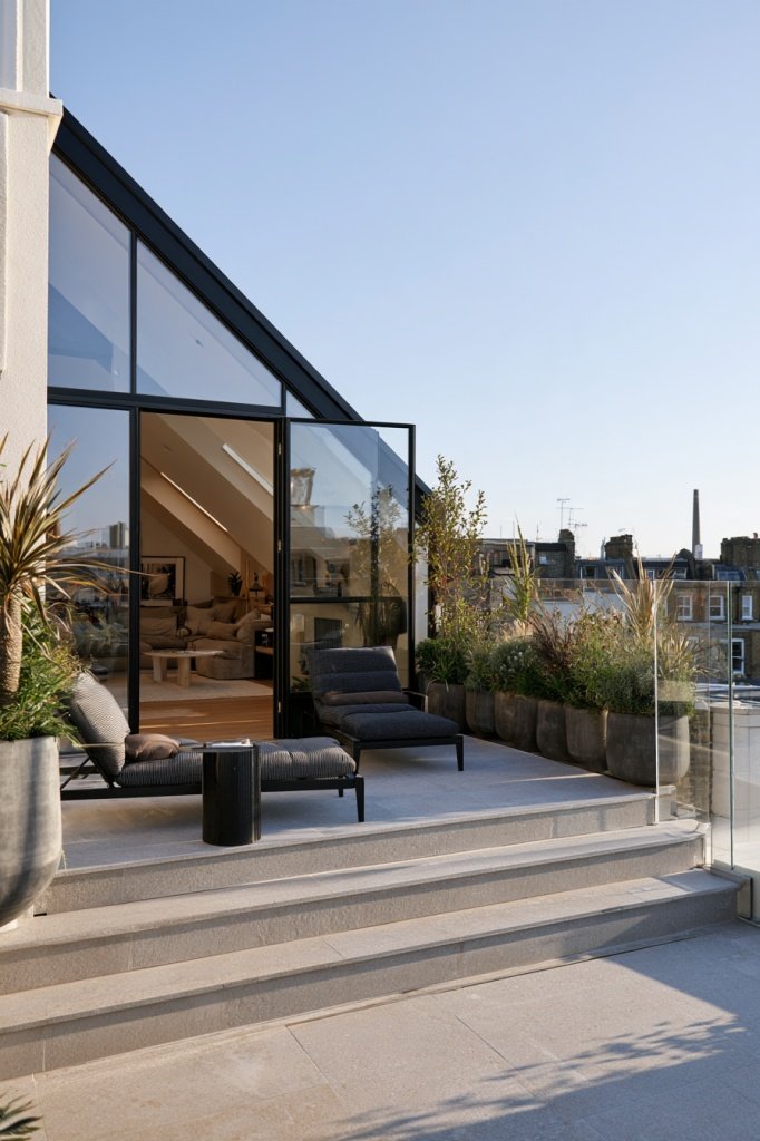 Small loft bedroom opening onto a compact rooftop terrace with glass balustrade, planters, and sloped roof