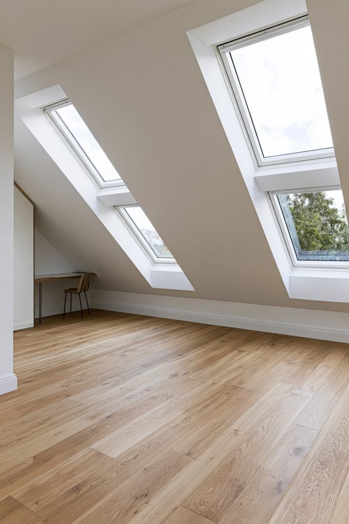 Small loft conversion with multiple rooflights integrated into the sloping roof, compact home office, and eaves storage