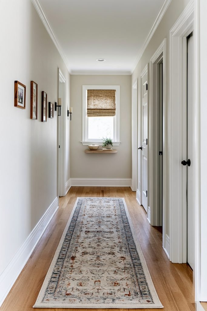 Long Persian-style hallway runner extending through a narrow residential corridor with oak floors, framed family photos, doors, and a window.