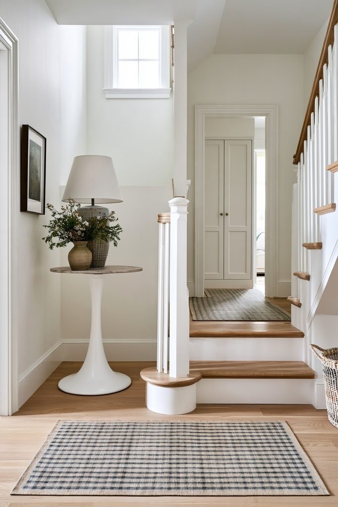 Two coordinating runners in an L-shaped hallway with oak flooring, built-in linen storage, staircase, artwork, and entry table.