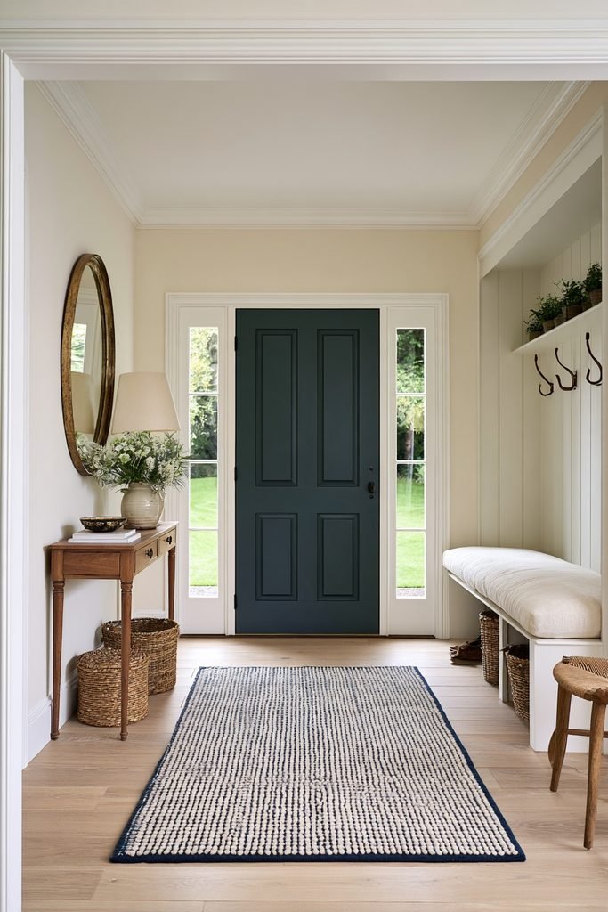 Blue and cream hallway runner in a traditional entry foyer with an oak front door, glass sidelights, console table, oval mirror, bench, plants, and baskets.