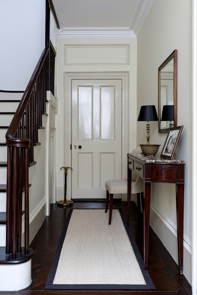 Cream hallway runner with a contrasting charcoal border in a classic townhouse entry with parquet flooring, console table, mirror, and staircase.