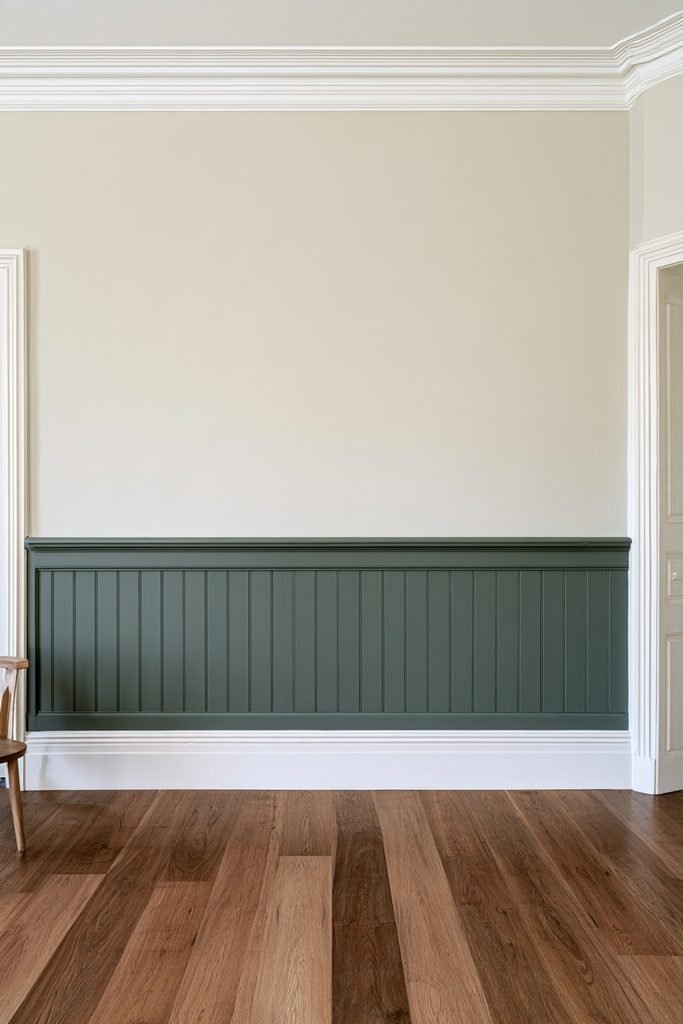 Sage green lower wall and warm cream upper wall separated by a dado rail