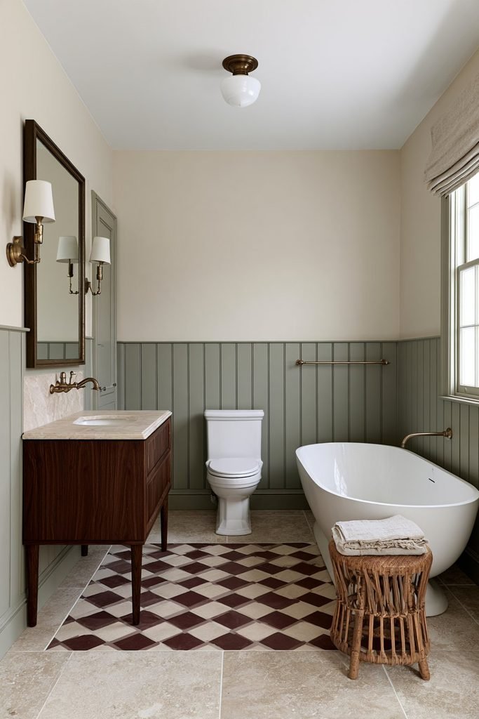 Sage green panel wainscoting in a tranquil bathroom with a marble vanity, freestanding bathtub and burgundy checkerboard flooring