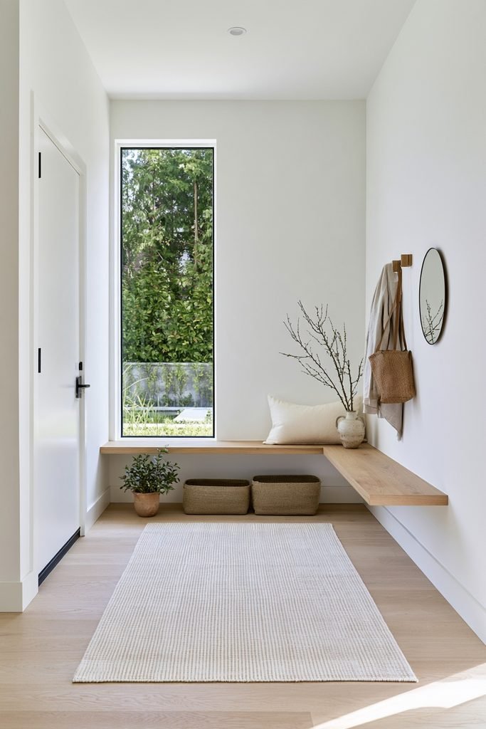 Scandinavian minimalist hallway runner in a bright side entry with pale ash flooring, oak bench, woven baskets, large window, and plants.