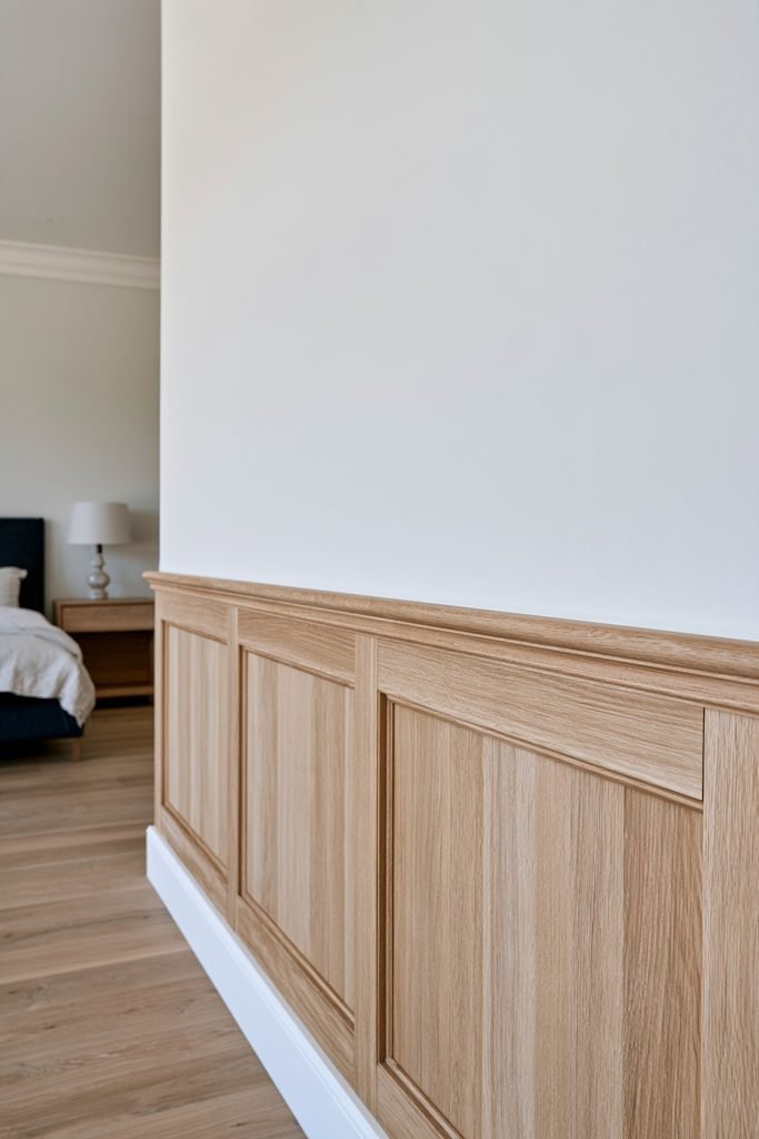 Scandinavian-inspired wall with a natural pale wood dado rail and matching lower panelling