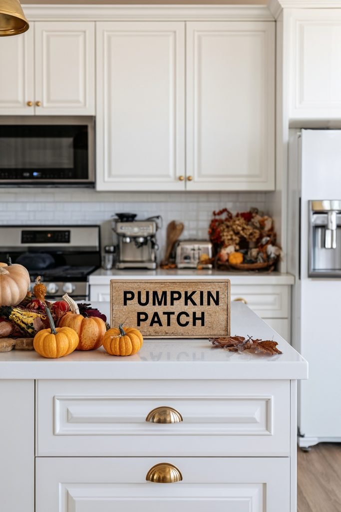Rustic "Pumpkin Patch" sign displayed on a tiered countertop shelf with small pumpkins in a fall kitchen.