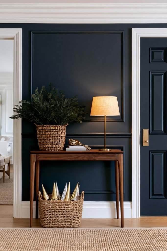 New Year's Eve entryway with a basket of gold and silver noisemakers and festive party favors