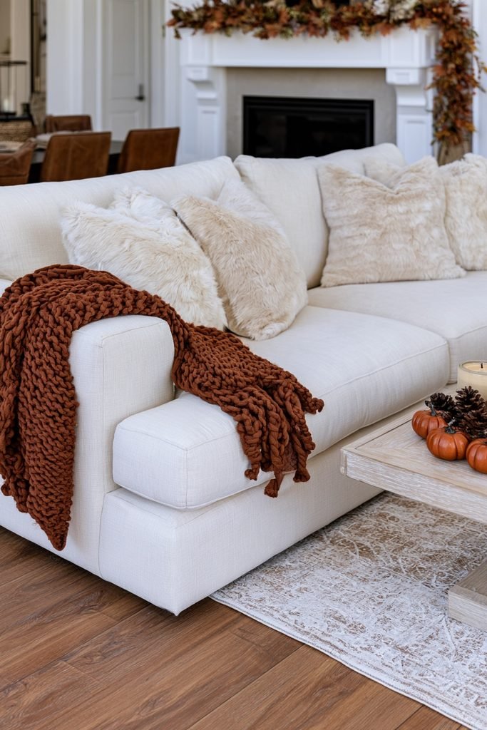 Cozy Thanksgiving living room sofa styled with a chunky knit throw and soft faux fur pillows in warm autumn tones.