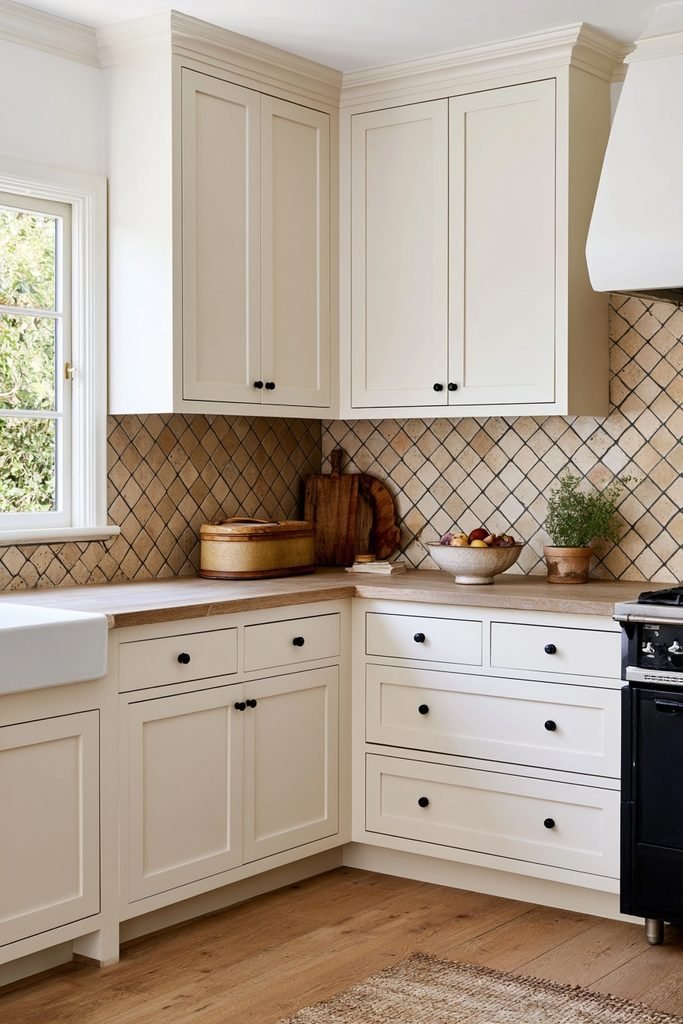 Stylish kitchen featuring square tiles installed diagonally to create an eye-catching diamond backsplash pattern.
