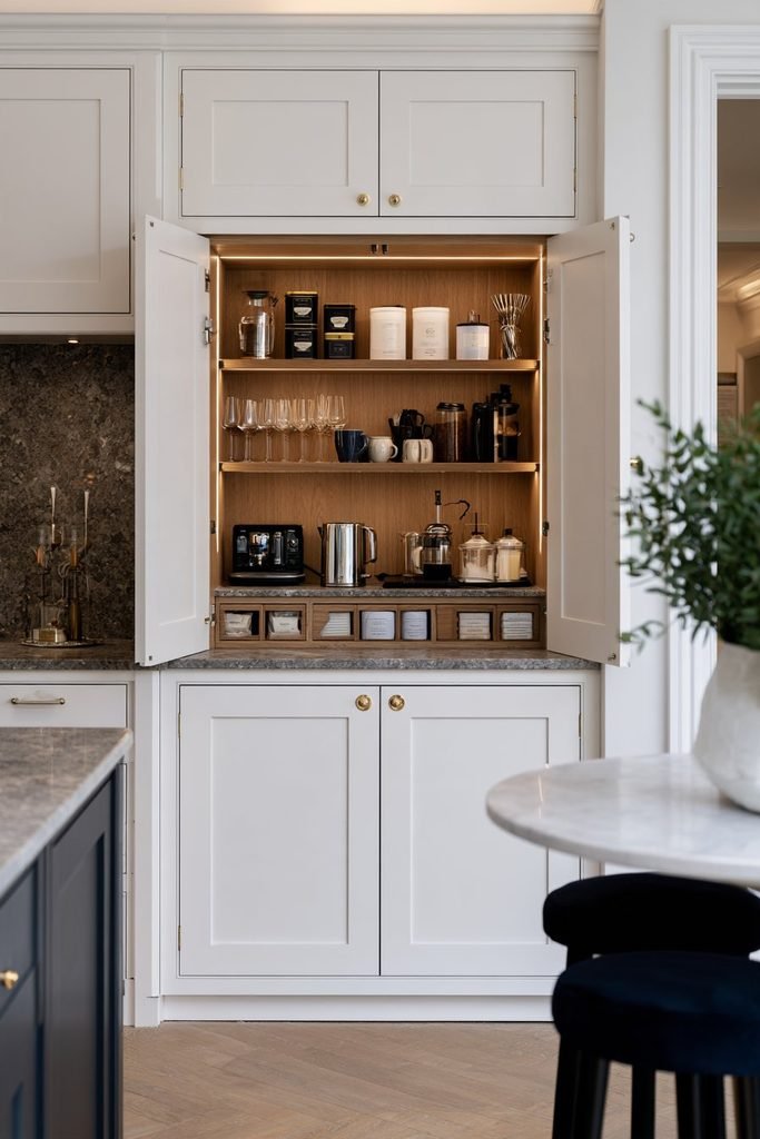 Beverage station larder cupboard with kettle, coffee supplies, tea tins, glassware, mugs, and organized drink storage
