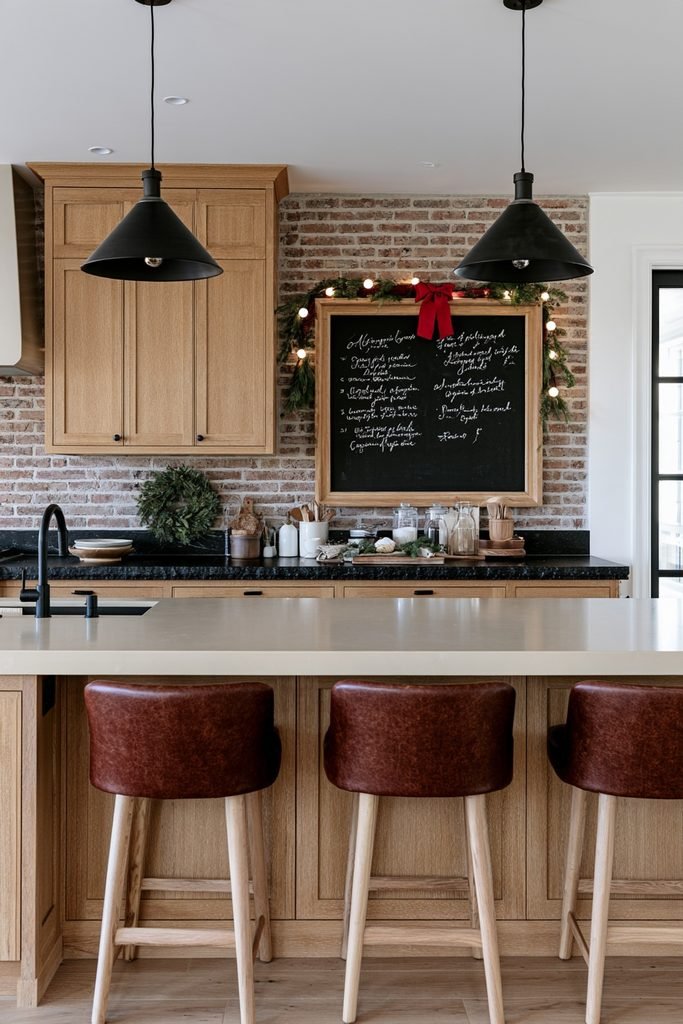 Christmas kitchen chalkboard message board surrounded by festive greenery