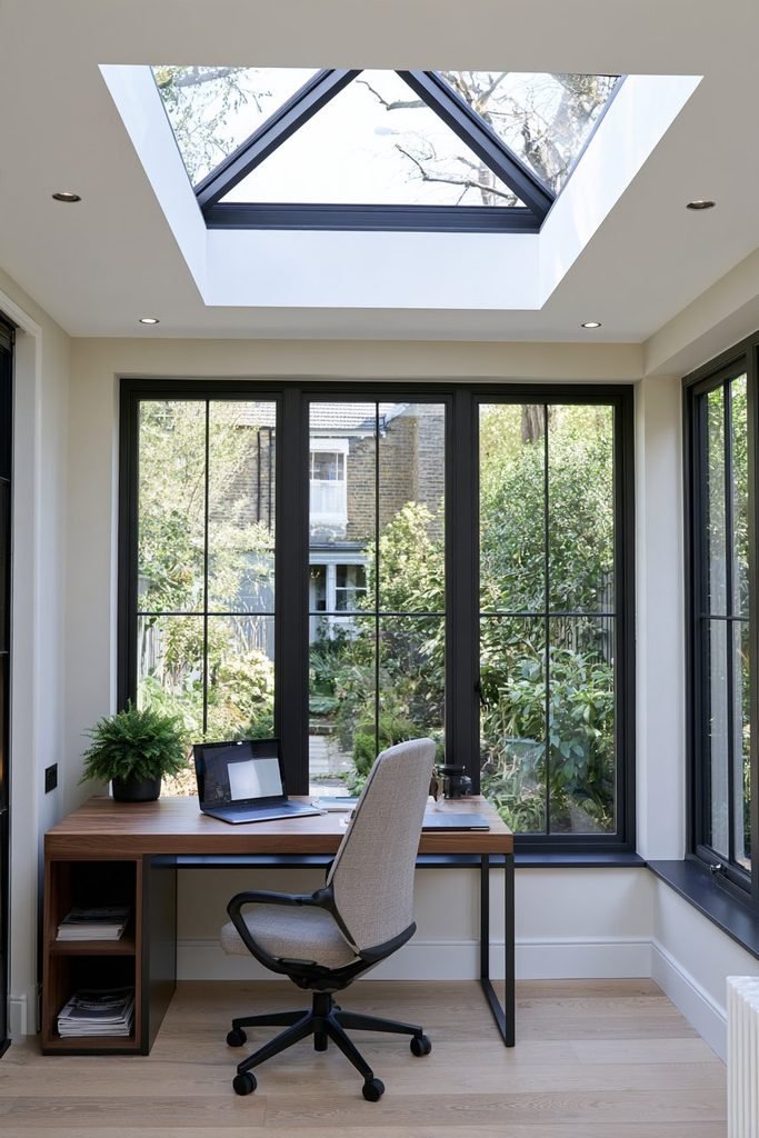 Orangery home office with a walnut desk positioned toward the garden through large windows.