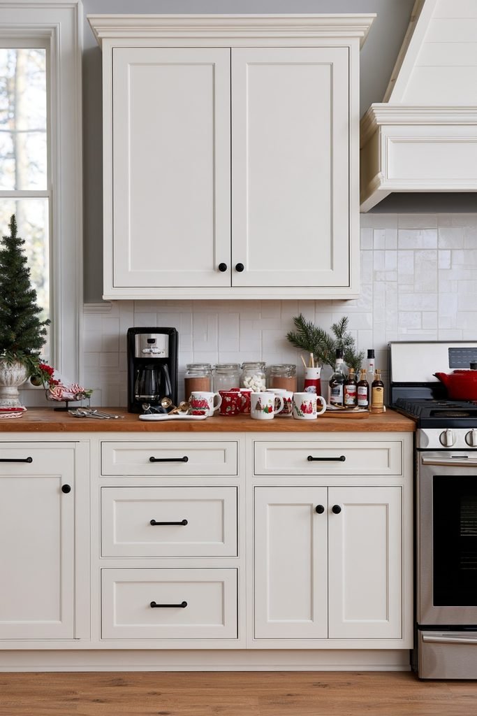 Christmas hot cocoa and coffee station with mugs, marshmallows, and holiday accents