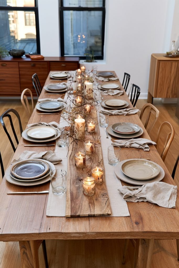 Fall leaf candle table runner with glowing votives pillar candles place settings and elegant autumn dining decor.