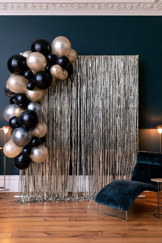 New Year's Eve photo backdrop with silver metallic fringe and black and champagne balloons